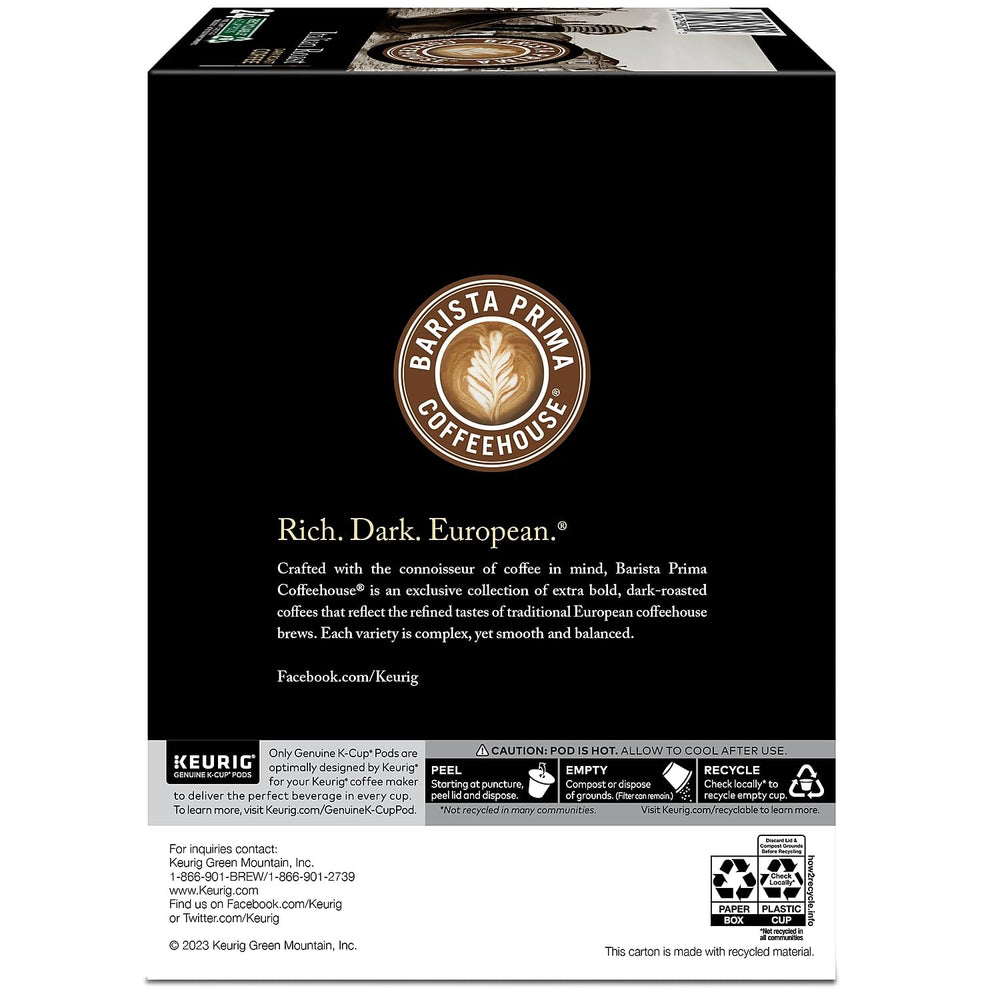 Barista Prima Italian Roast carton display highlighting a 96-count Kosher-certified pack.