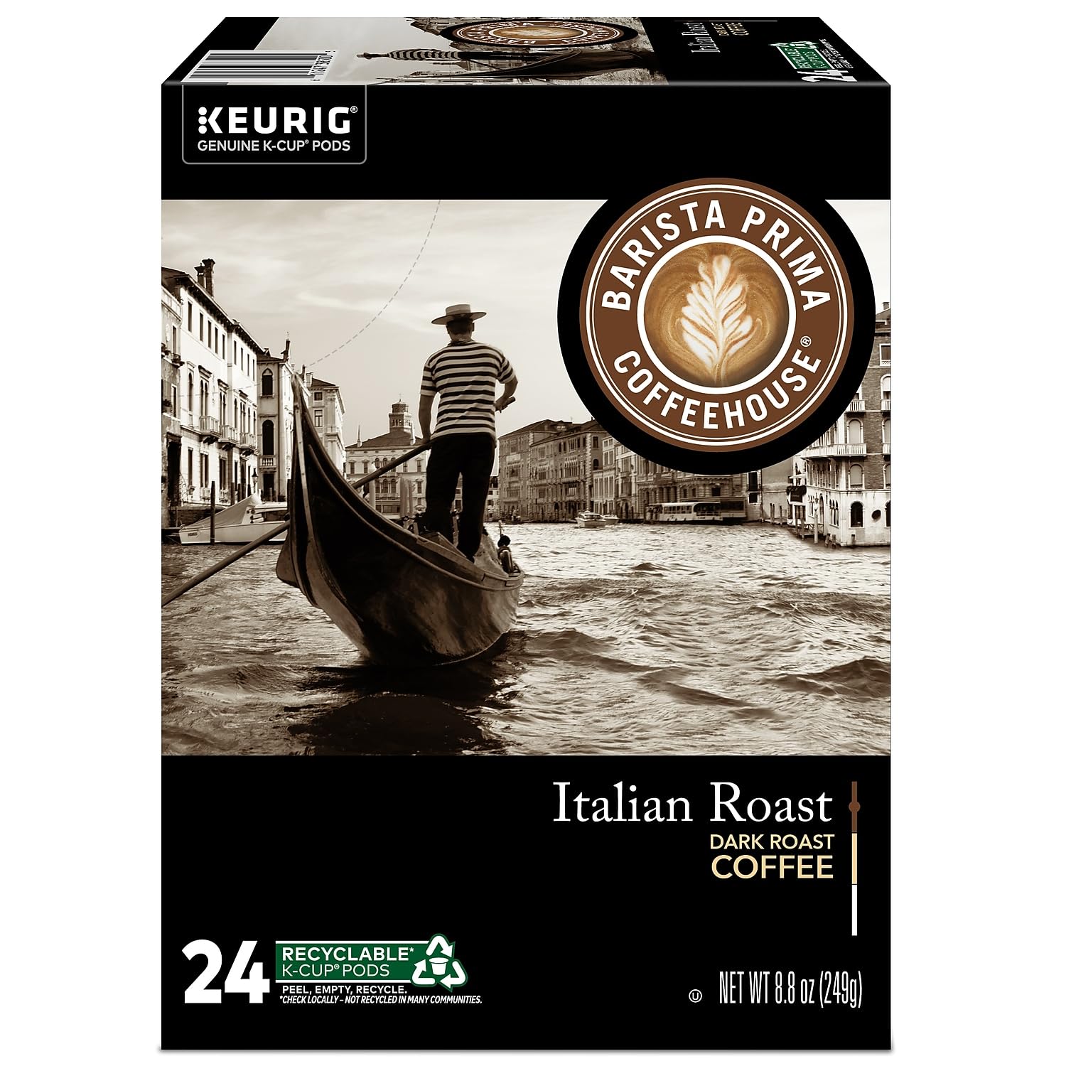 Barista Prima Italian Roast cup with a rich crema, inviting a robust, smooth finish.