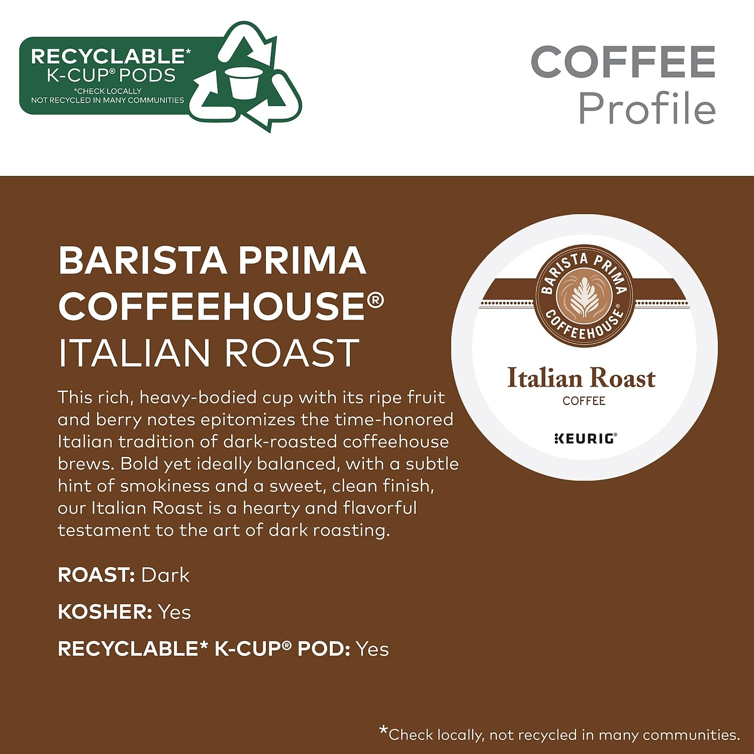 Barista Prima Italian Roast detailed label for easy identification and kosher certification.