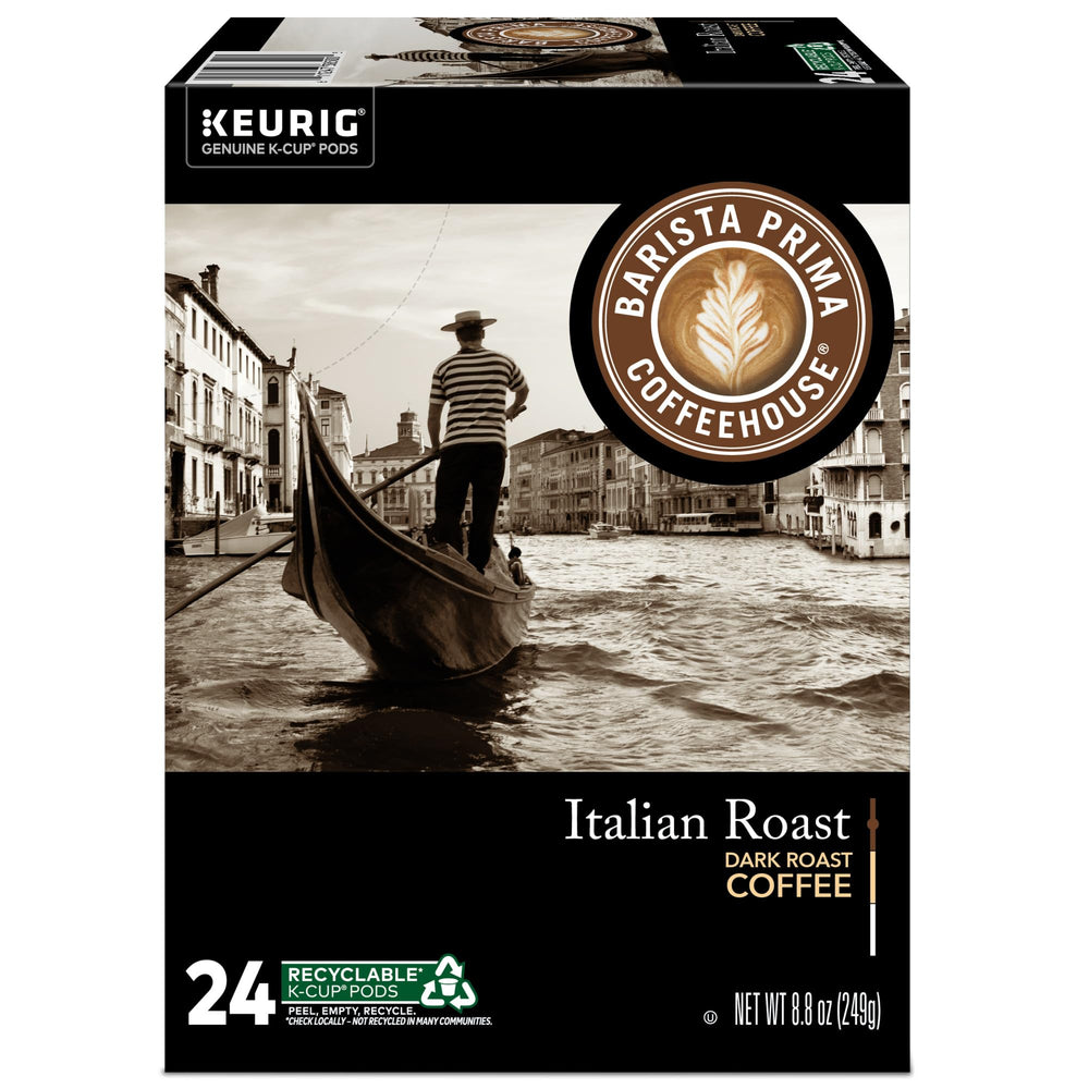 Barista Prima Italian Roast K-Cup pod on a kitchen counter