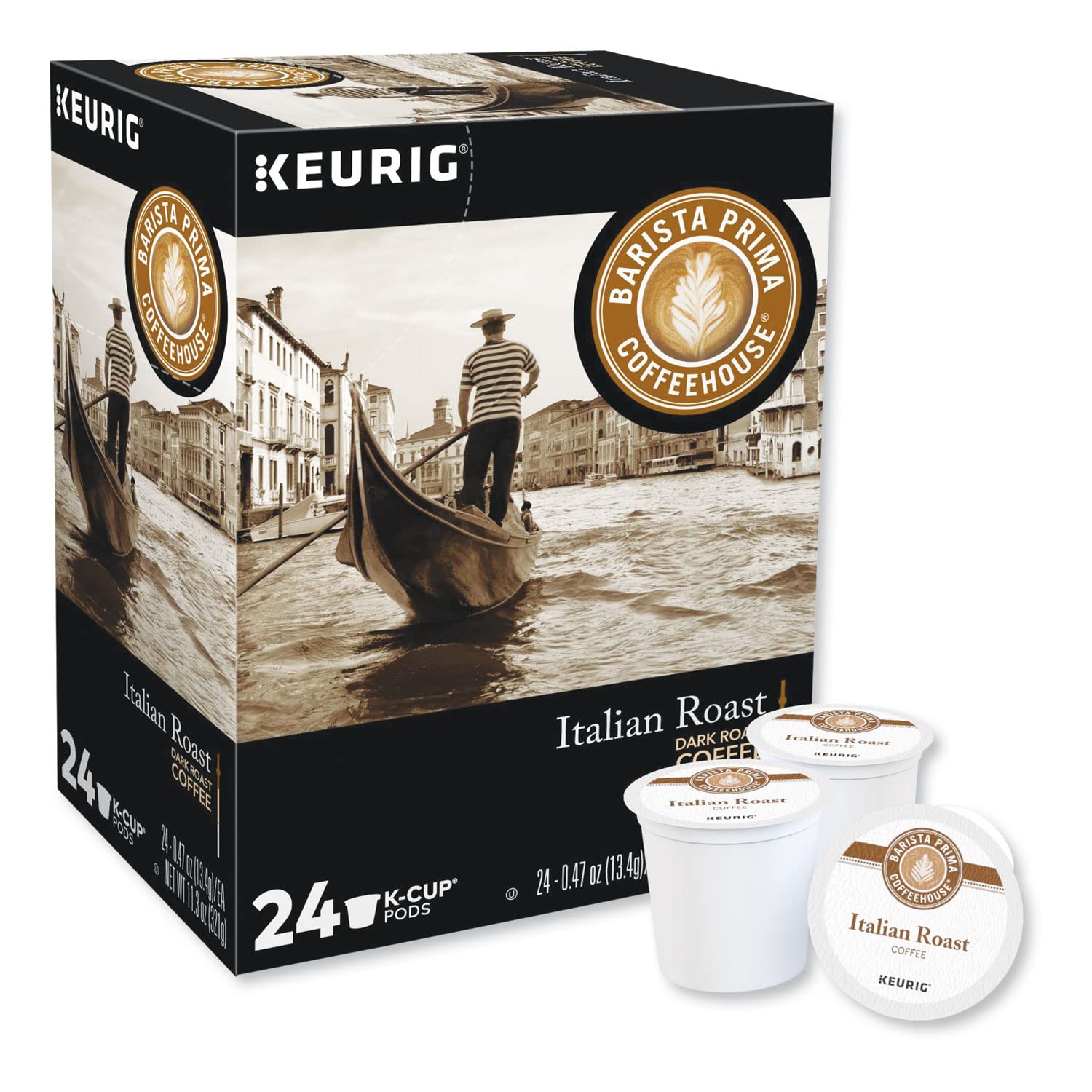 Barista Prima Italian Roast K-Cups close-up aroma, highlighting rich body and berry notes.
