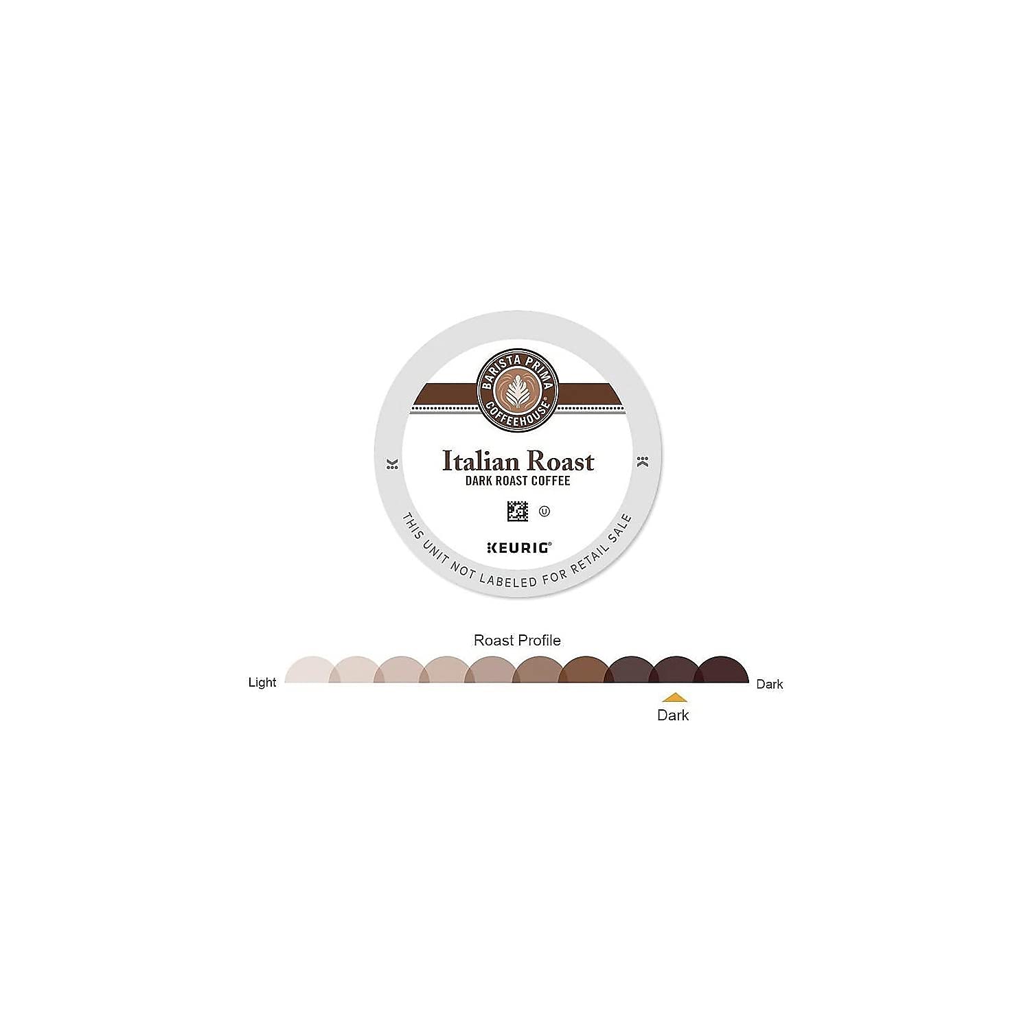 Barista Prima Italian Roast K-Cups on back packaging panel, carton of 24 for easy supply.