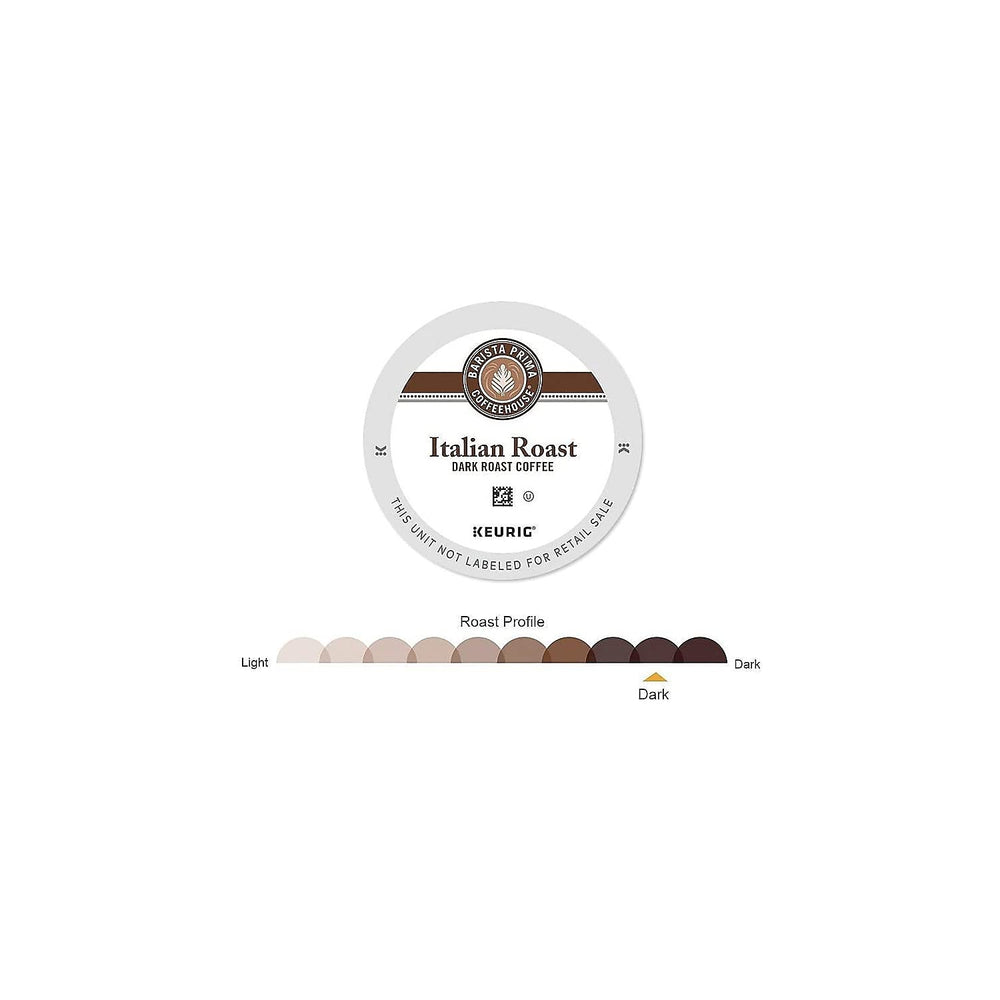 Barista Prima Italian Roast K-Cups on back packaging panel, carton of 24 for easy supply.