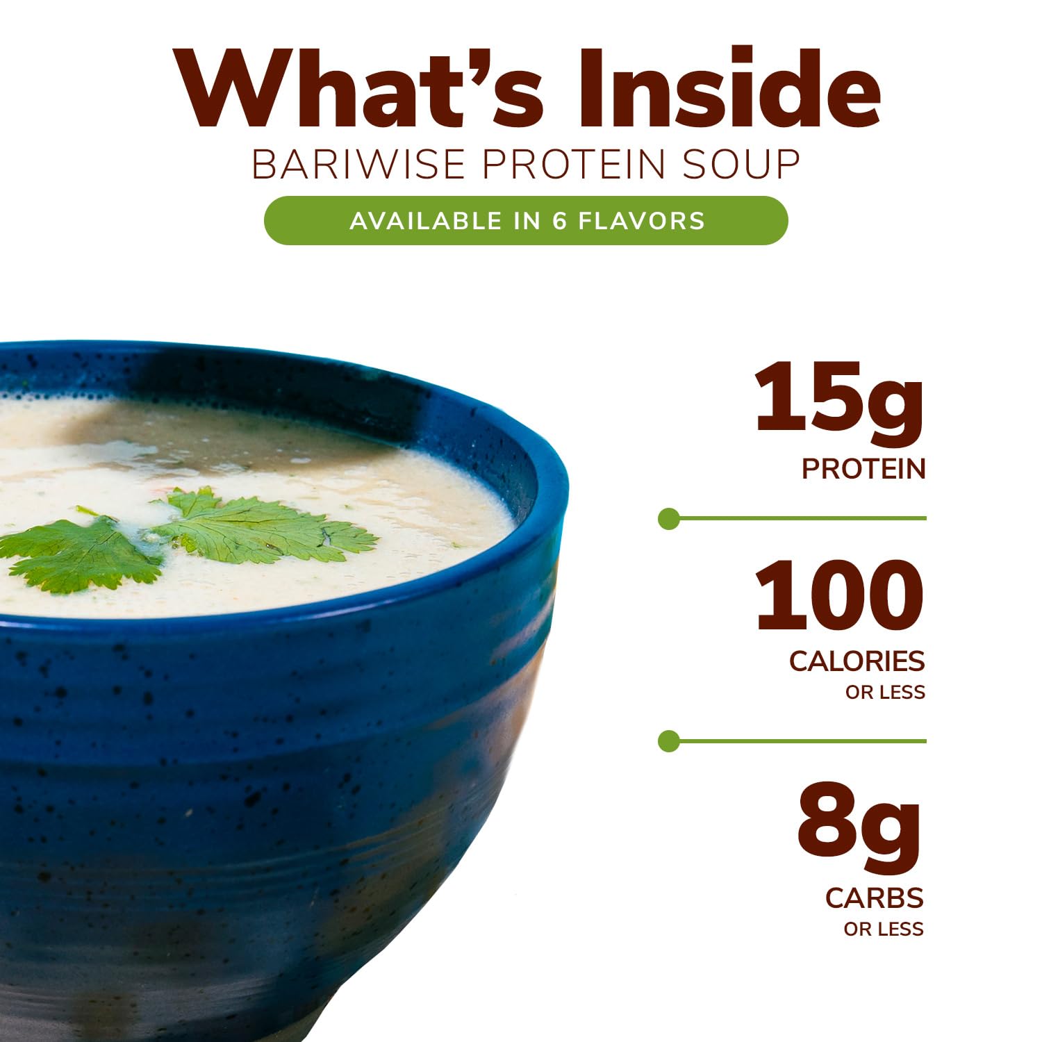 BariWise ingredients label highlights 15g protein per serving and low carb content.