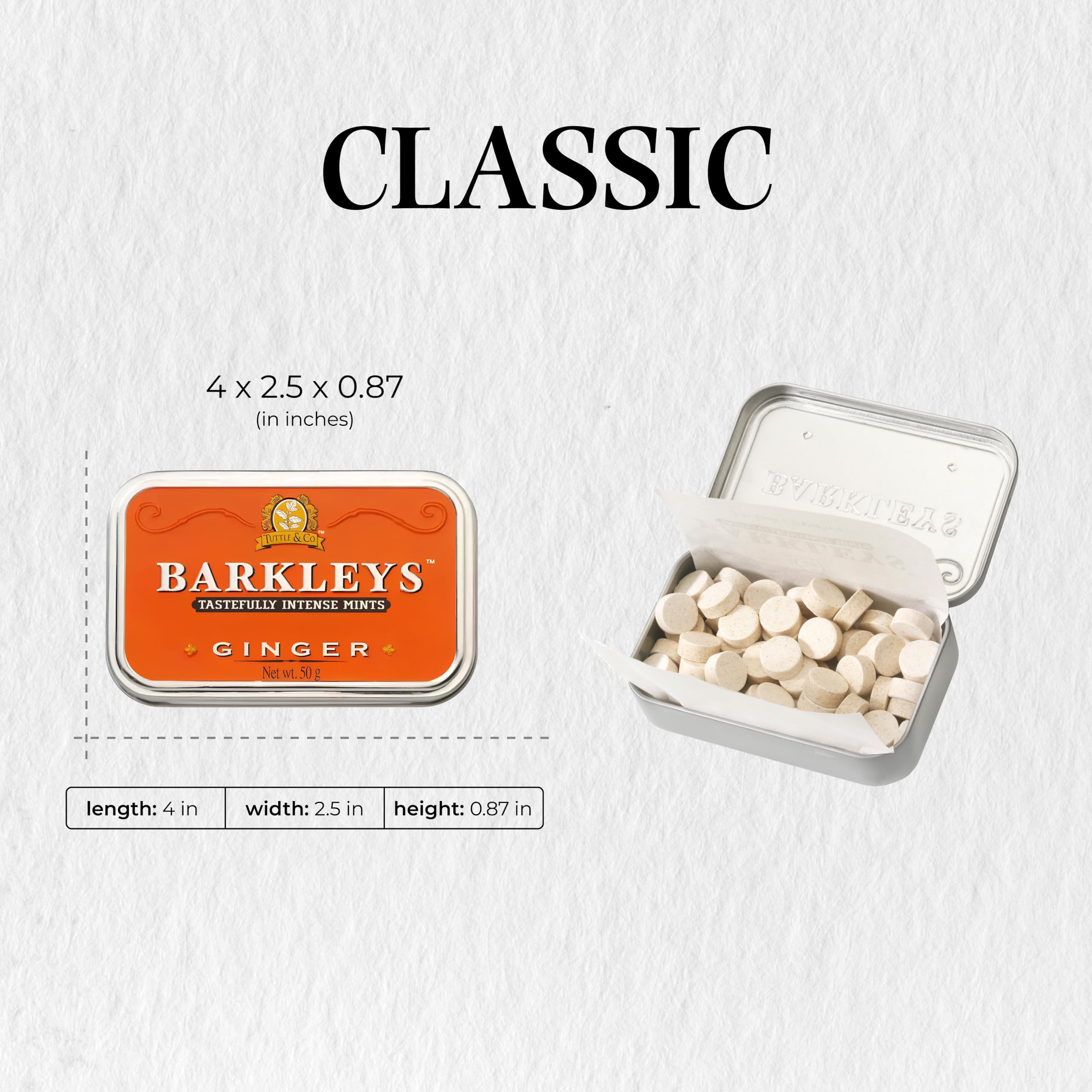 Barkleys Ginger Breath Mints frosted mint texture hints lasting freshness after meals.
