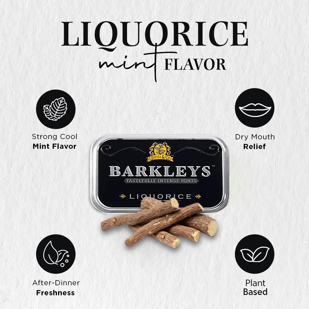 Barkleys Liquorice Breath Mints front packaging with vintage tin design.