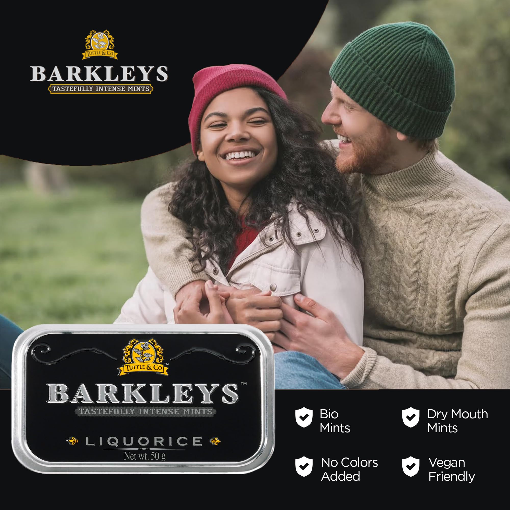 Barkleys Liquorice Breath Mints reusable tin highlights eco-conscious design.