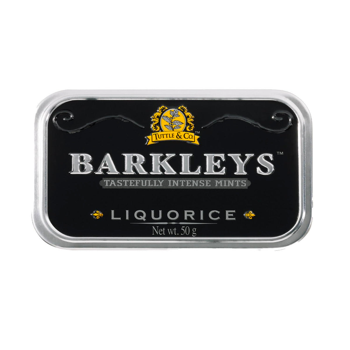 Barkleys Liquorice Breath Mints tin close-up for fresh breath on the go.