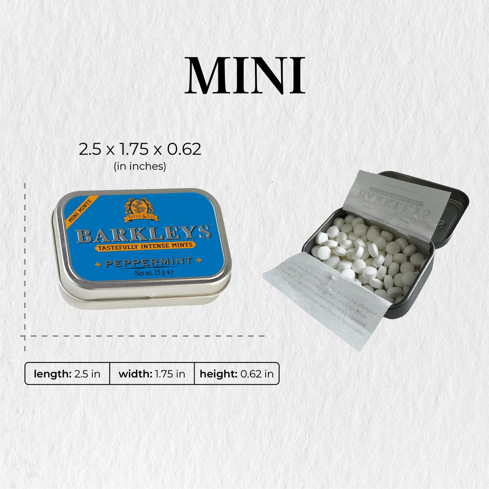 Barkleys Peppermint Breath Mini Mints elegant tin on a shelf, premium feel.