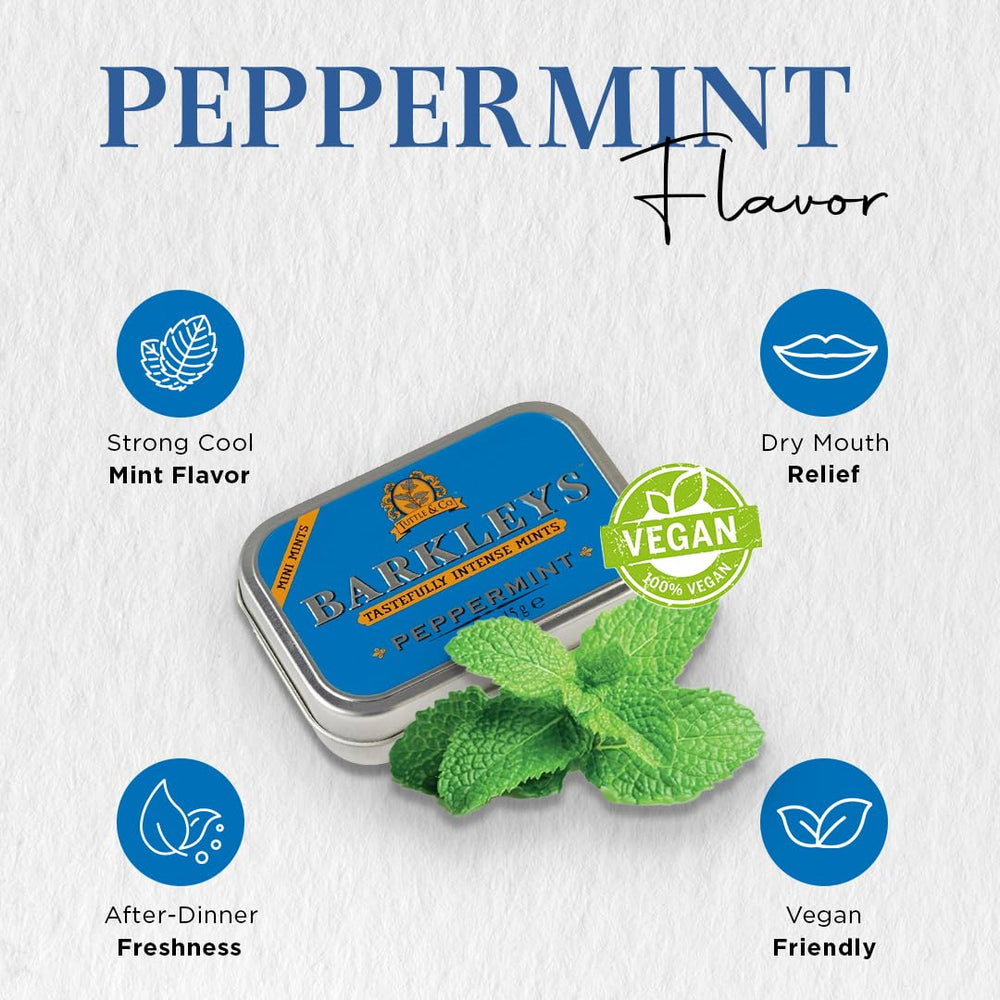 Barkleys Peppermint Breath Mini Mints inside-tin reveals compact vegan mint solution for everyday use.