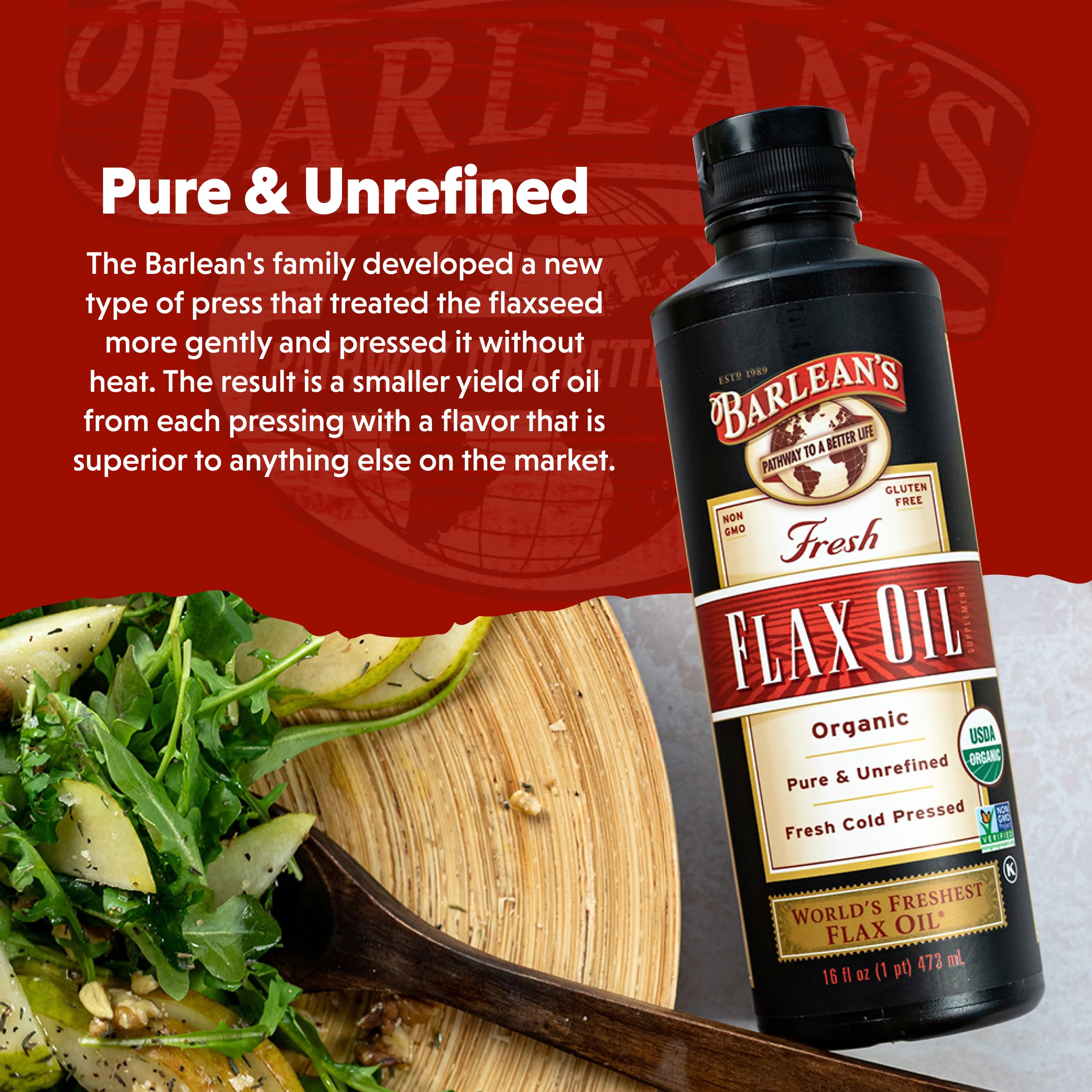 Barlean's flaxseed oil drops on a spoon suggest simple daily intake.