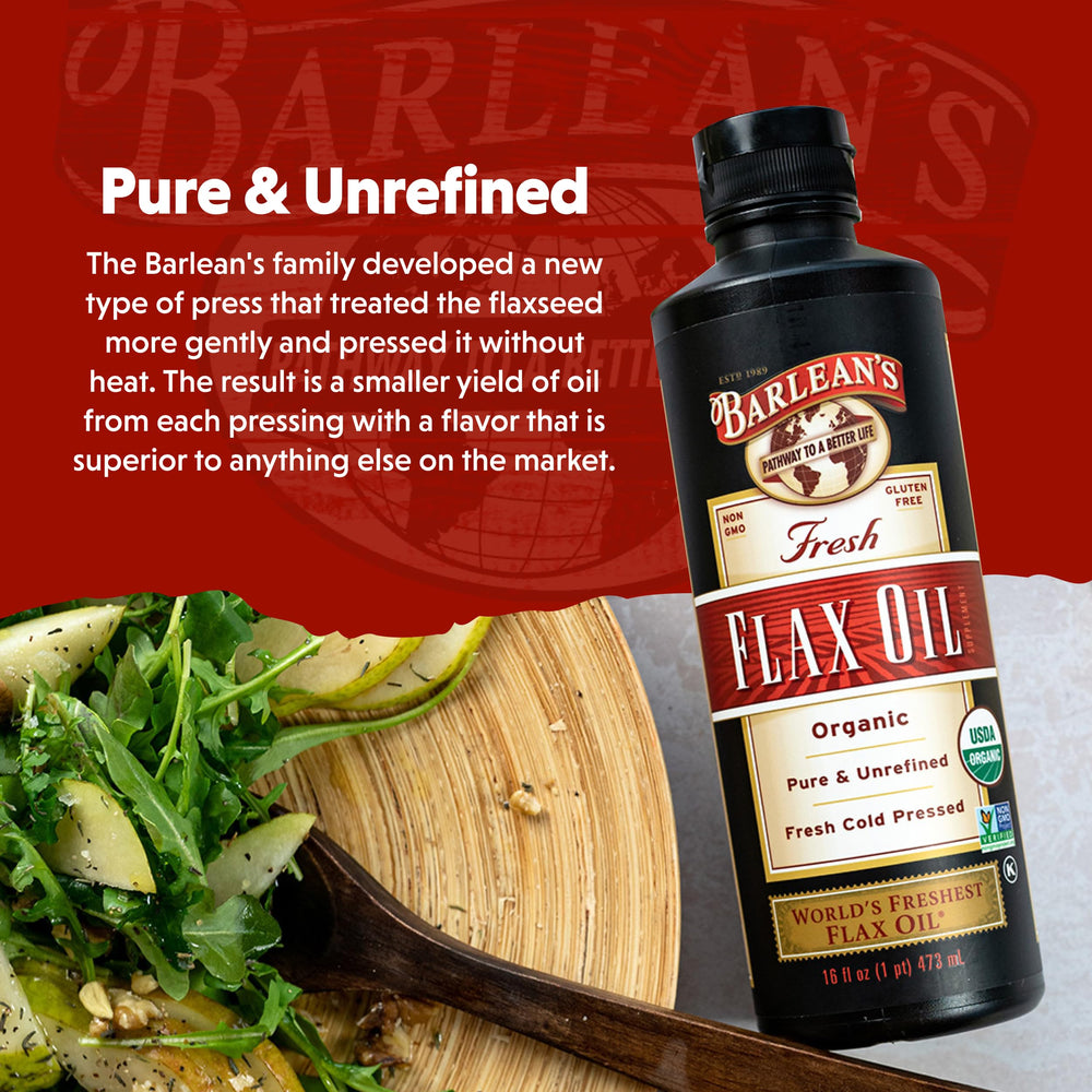 Barlean's flaxseed oil drops on a spoon suggest simple daily intake.