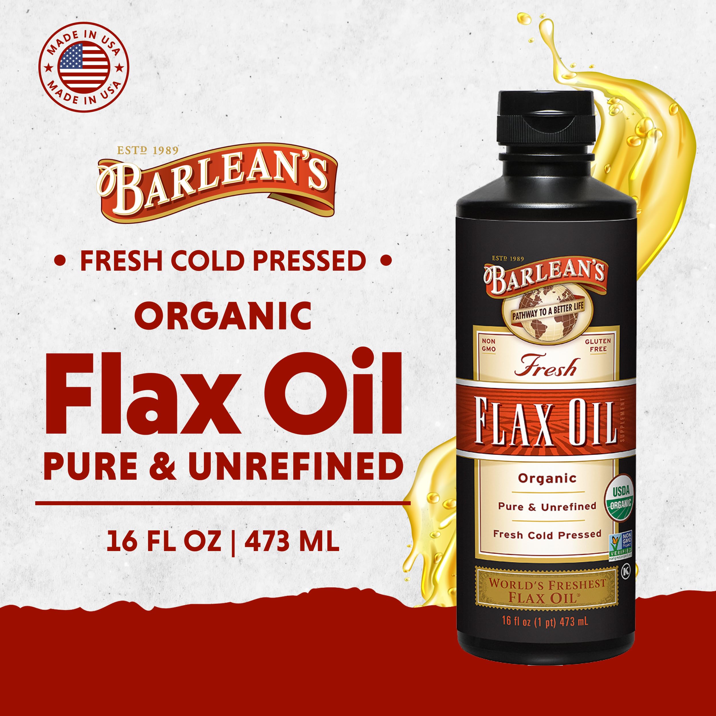 Close-up of Barlean's flaxseed oil label highlights organic, cold-pressed quality.