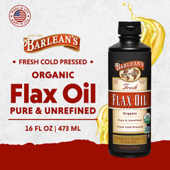 Close-up of Barlean's flaxseed oil label highlights organic, cold-pressed quality.