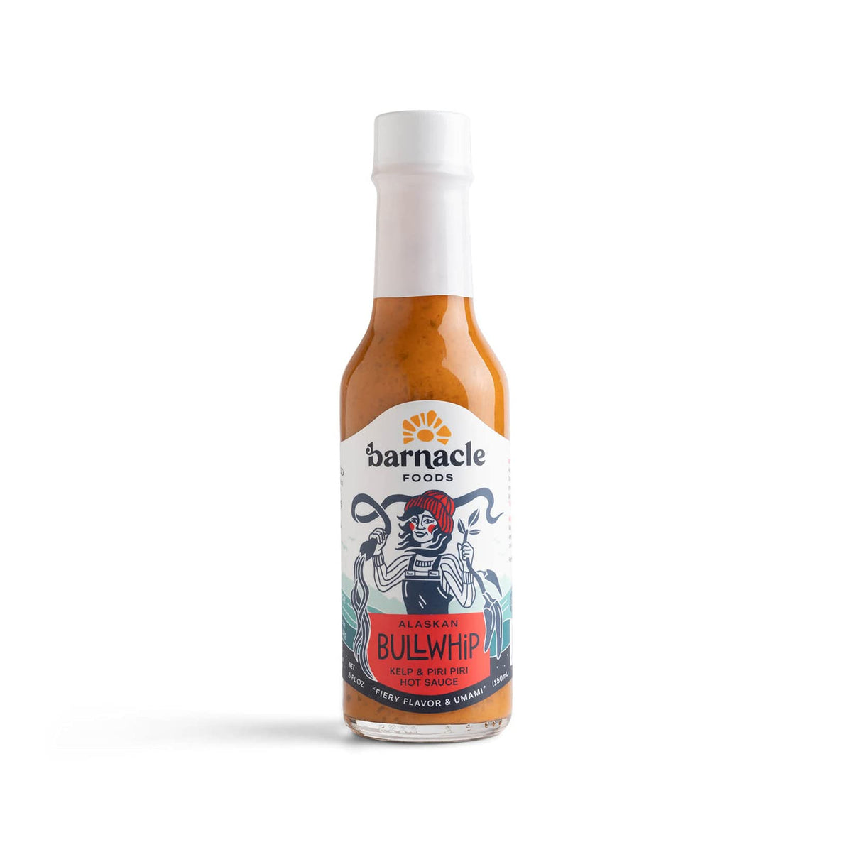 Barnacle Foods Bullwhip Kelp Hot Sauce bottle front, ideal for seafood flavor enhancement.