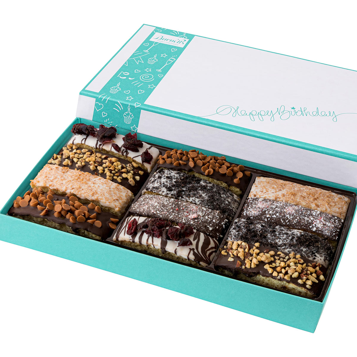 Barnetts biscotti gift box: 12 pieces with varied toppings for celebrations.
