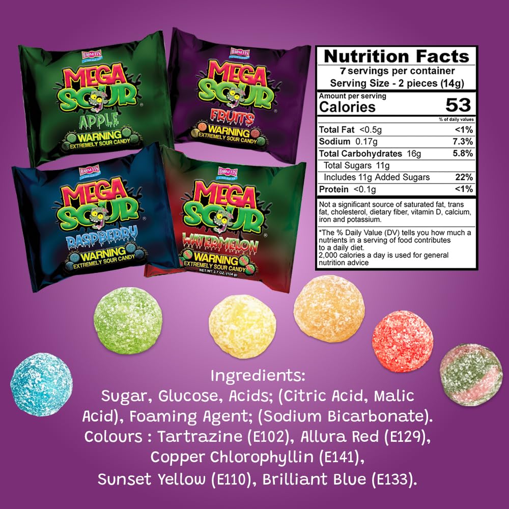 Barnetts Mega Sour Apple 4-pack packaging highlights bold flavor for celebrations.