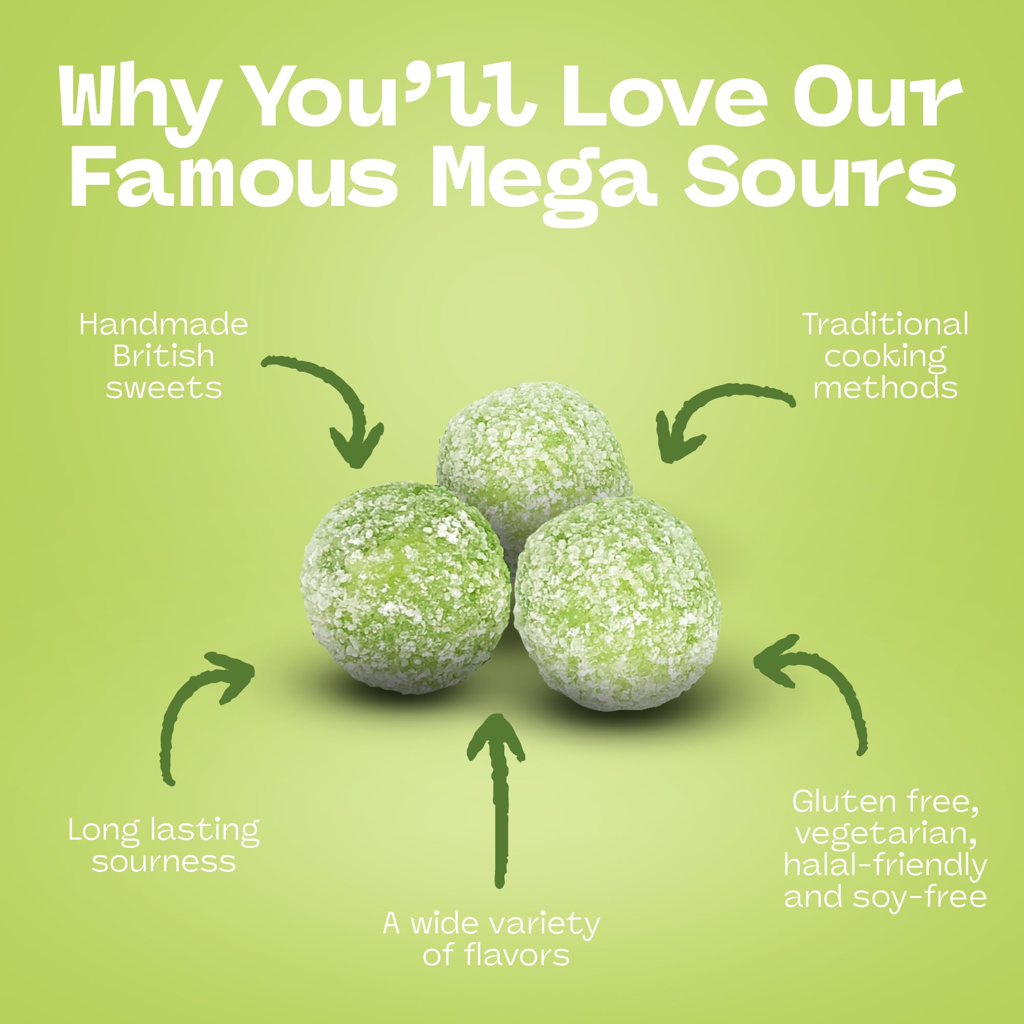 Barnetts Mega Sour Apple handmade candies showcase traditional British craftsmanship.