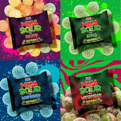 Close-up shows tangy Barnetts Mega Sour coating on candy.