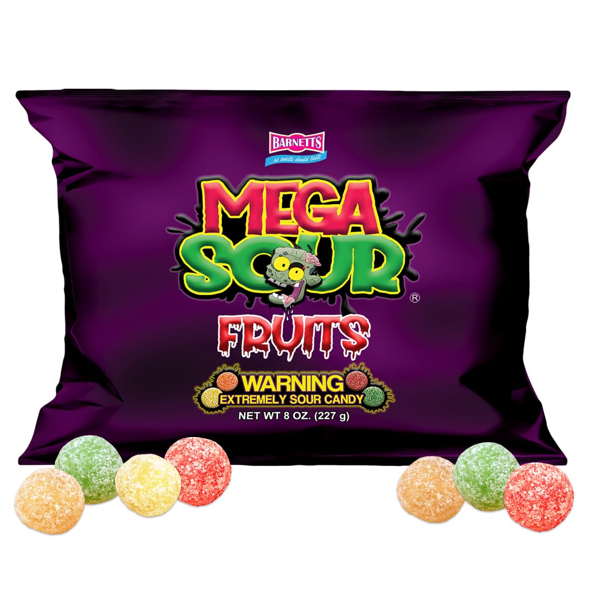 Barnetts Mega Sour Fruits close-up shows tangy coating for bold snacking.