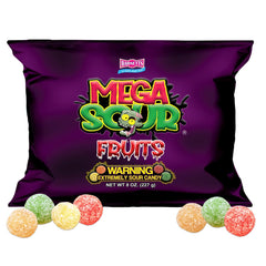 Barnetts Mega Sour Fruits close-up shows tangy coating for bold snacking.