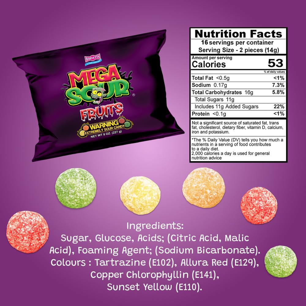 Barnetts Mega Sour Fruits handmade with copper-pan technique delivering rich, authentic flavour.