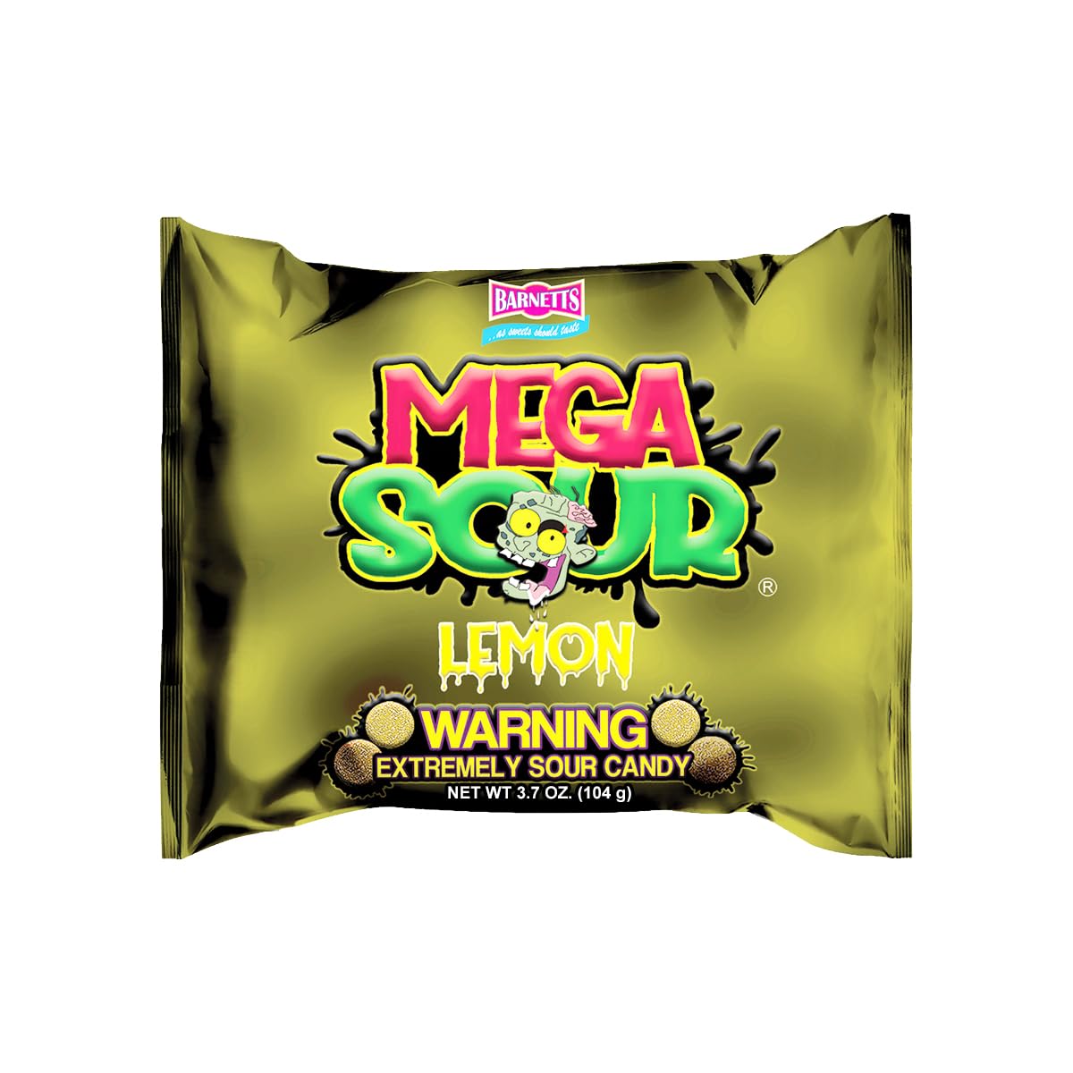 Barnetts Mega Sour Lemon candy pack close-up highlights bold lemon flavor and party-ready sharing