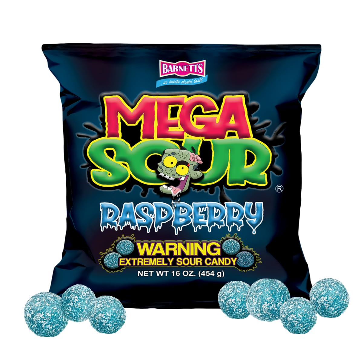 Barnetts Mega Sour Raspberry close-up showing bold sour coating and juicy centre
