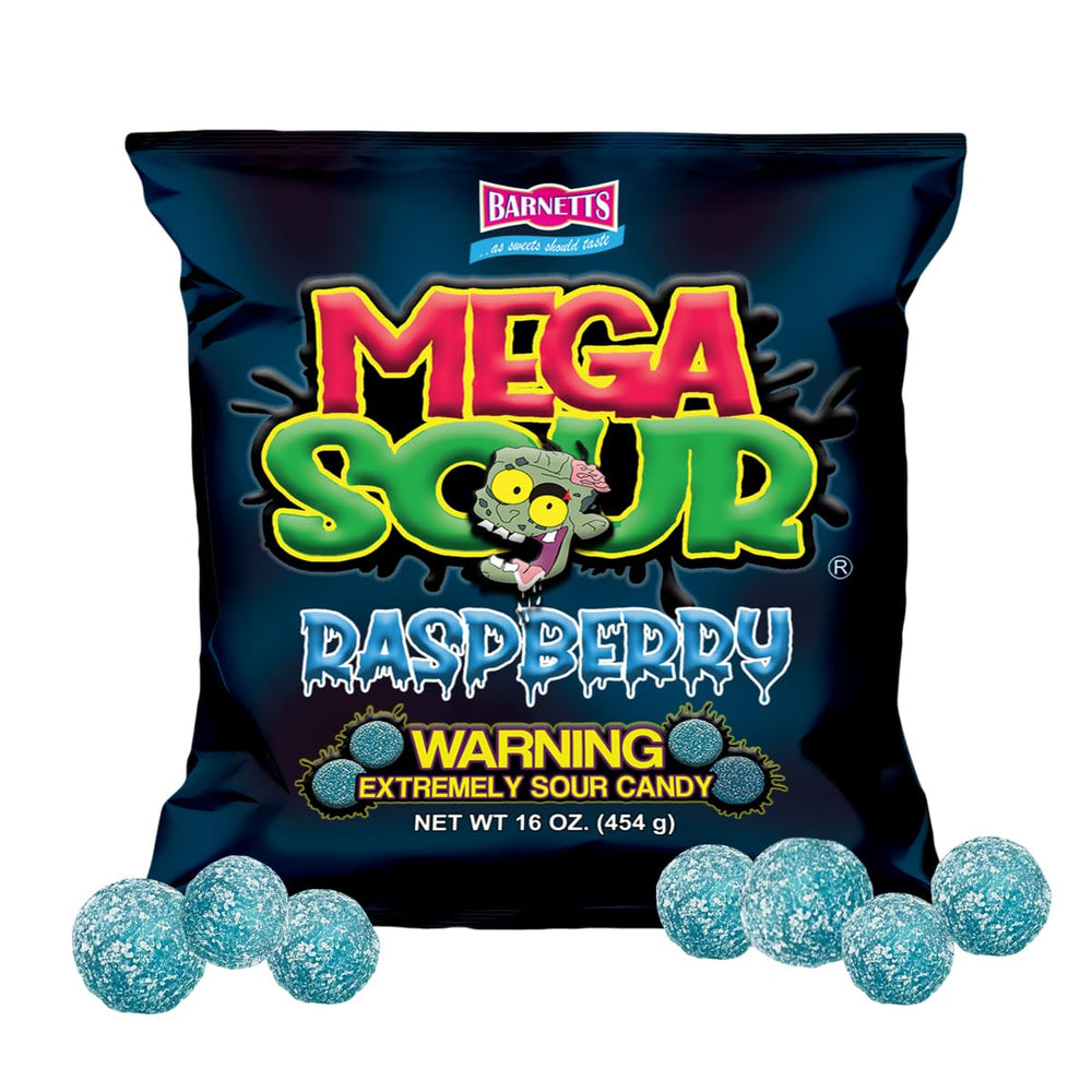 Barnetts Mega Sour Raspberry close-up showing bold sour coating and juicy centre