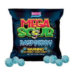 Barnetts Mega Sour Raspberry close-up showing bold sour coating and juicy centre