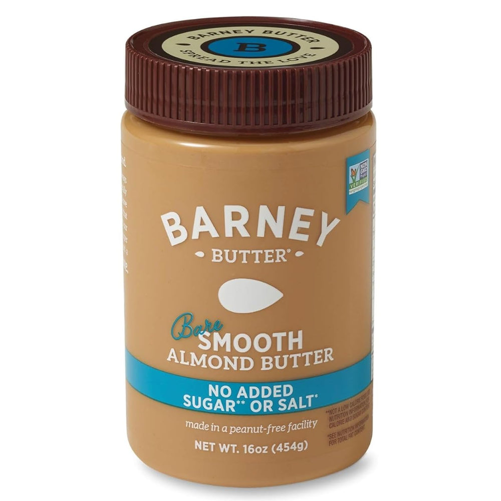 Barney Butter Almond Butter Bare Smooth jar showing ultra-smooth spreadability for toast