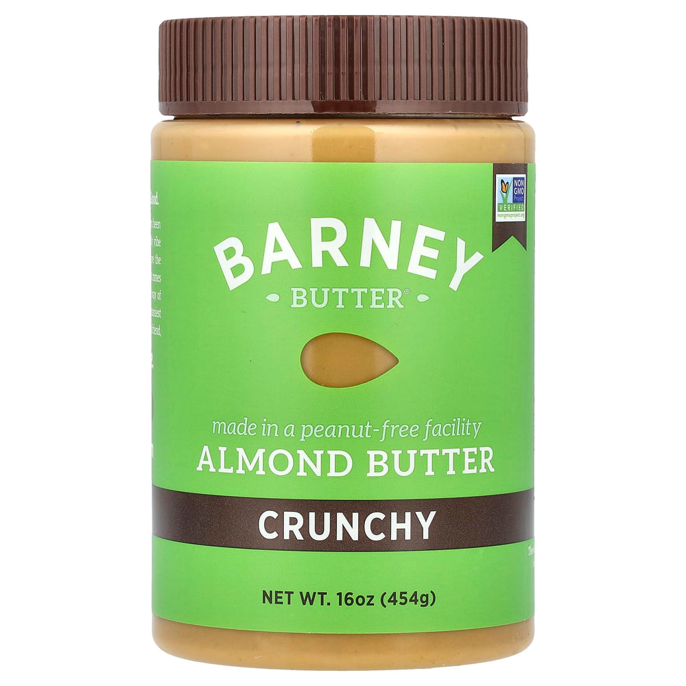 Barney Butter Crunchy Almond Butter jar shows visible almond crunch for spreads and snacks.