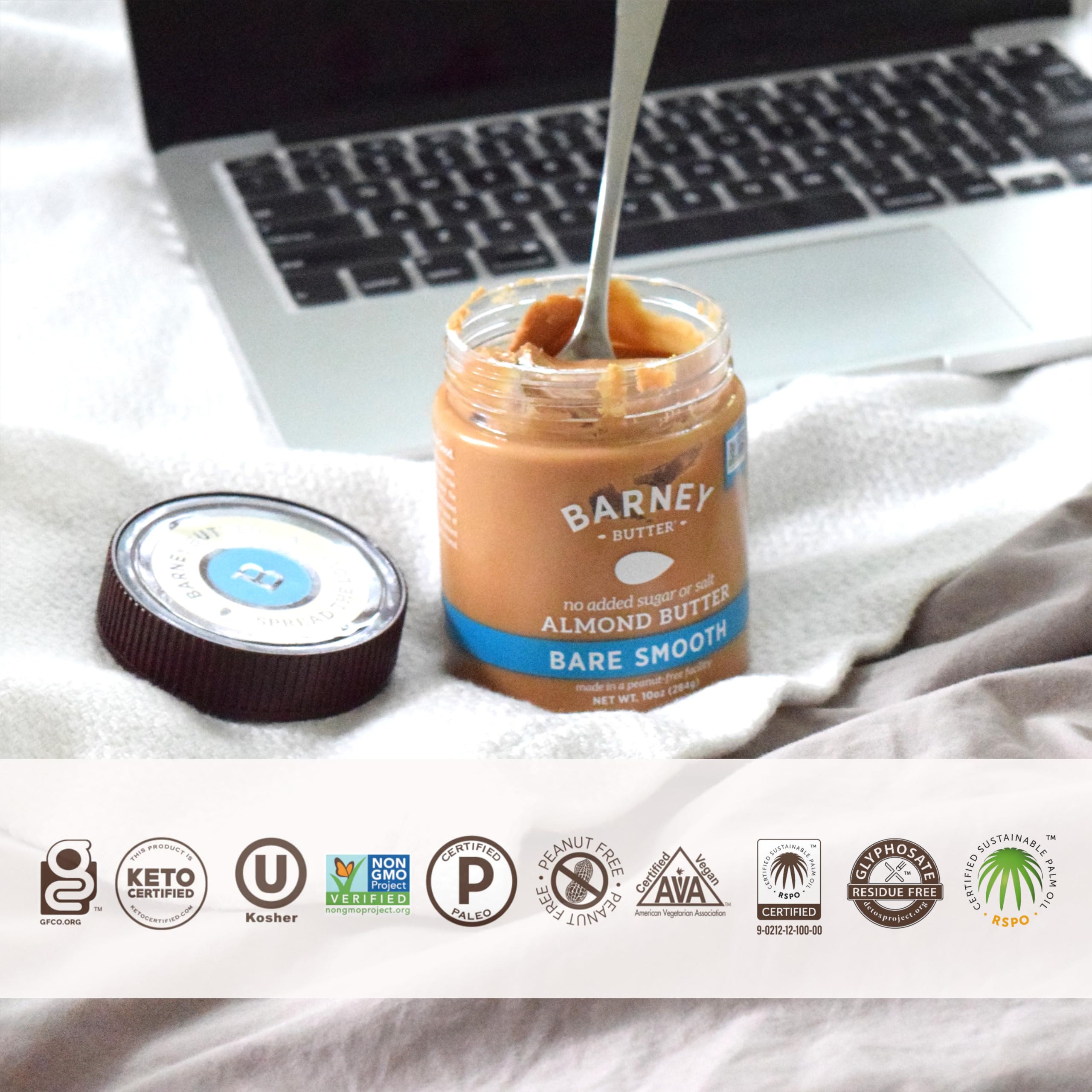 Barney Butter no added sugar label, emphasizing a natural, pure almond spread
