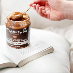 Barney Butter no-stir jar label emphasizes convenient packaging.