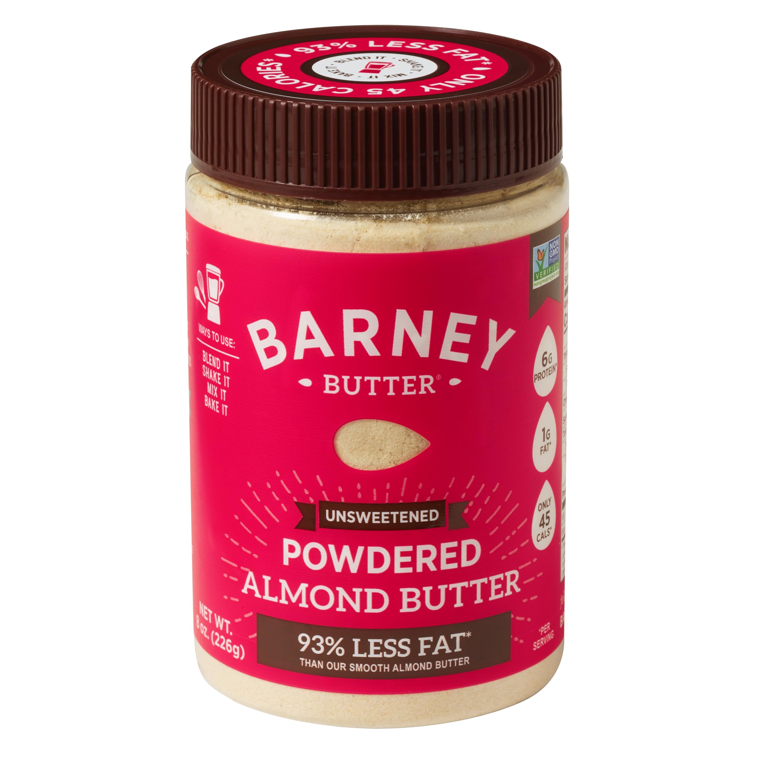 Barney Butter Powdered Almond Butter jar closeup, showcasing unsweetened, single-ingredient protein boost.