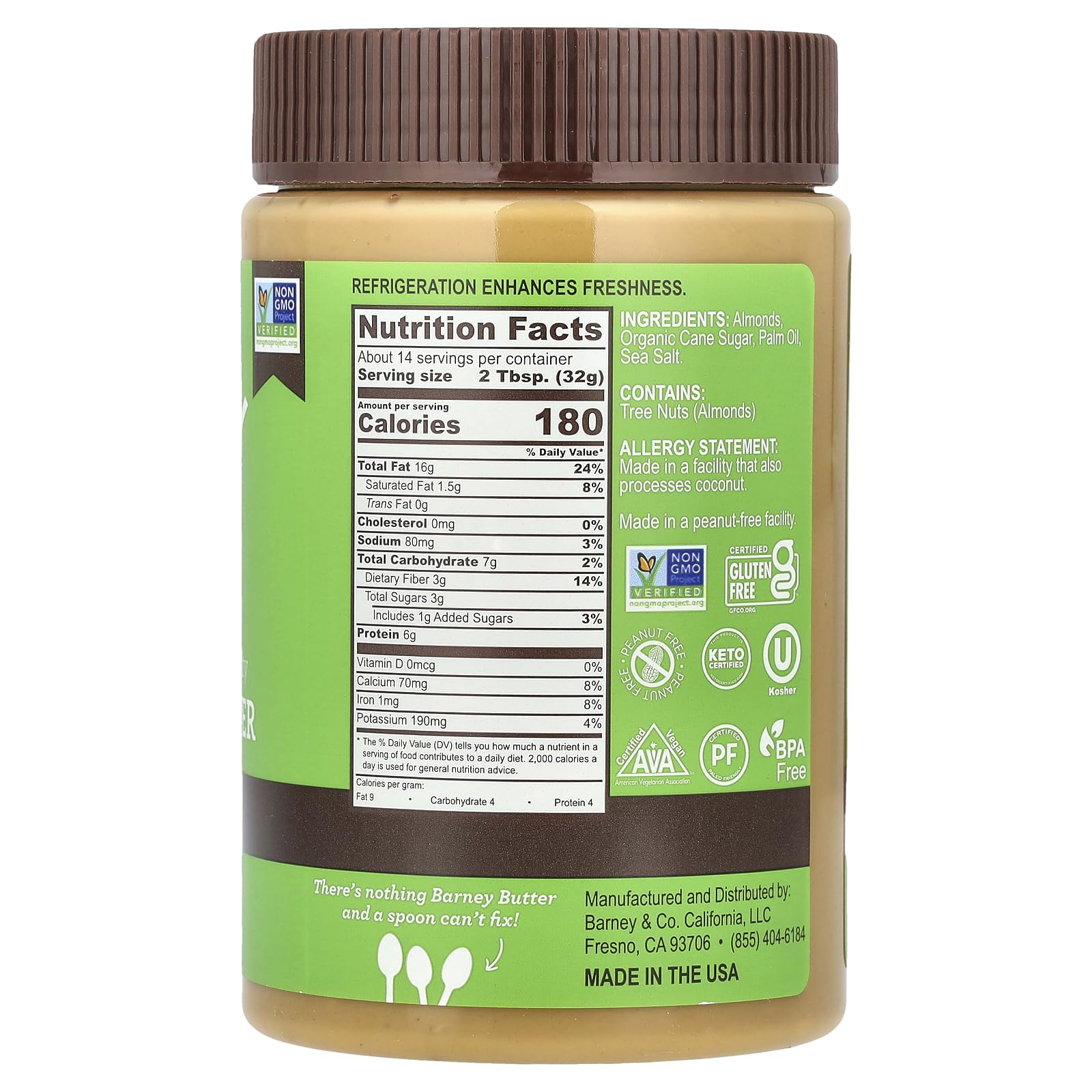 Barney Butter Skin-free California almonds close-up highlighting smooth base and crunchy bits.