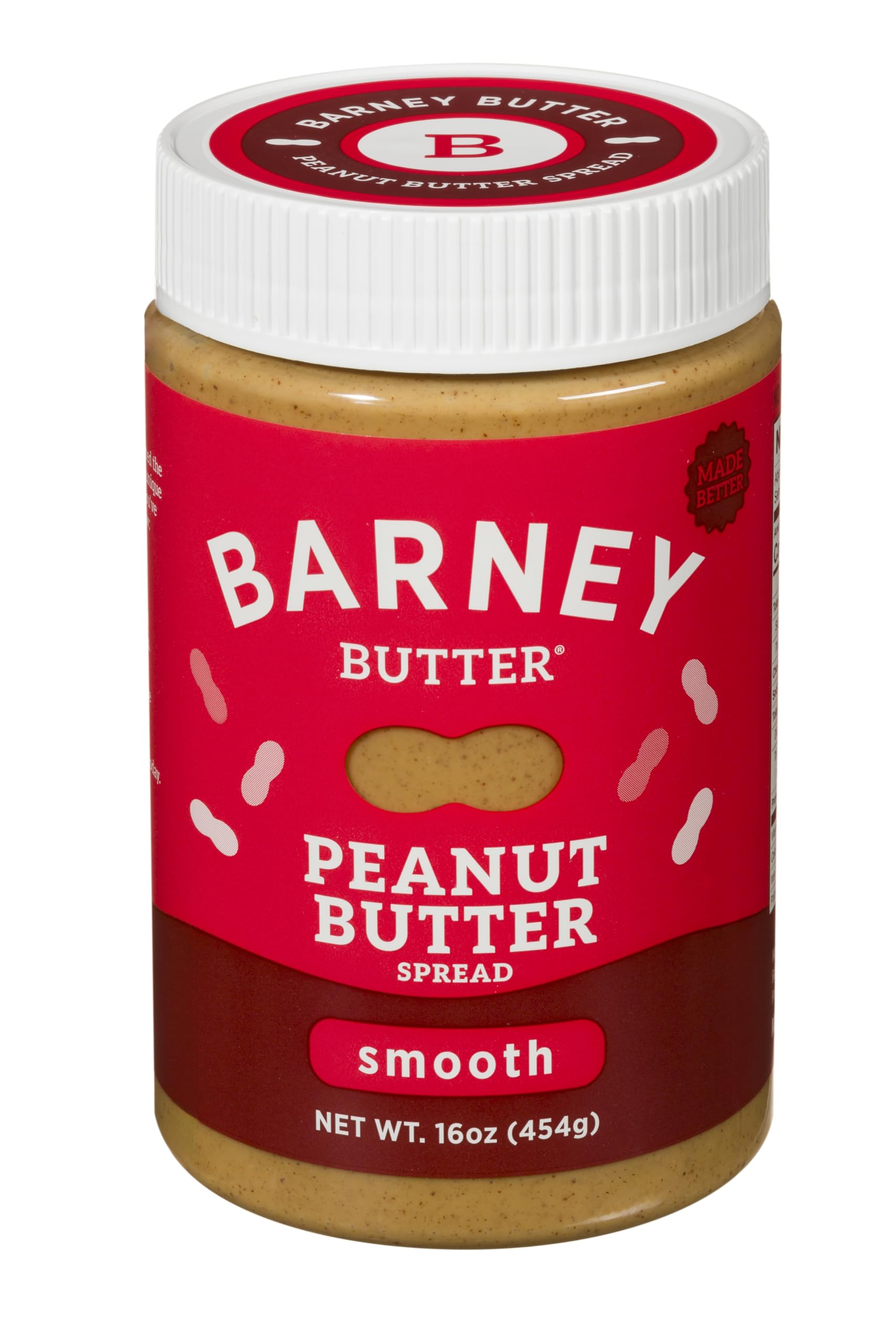 Barney Butter Smooth Peanut Butter jar front: creamy texture for easy spreading.