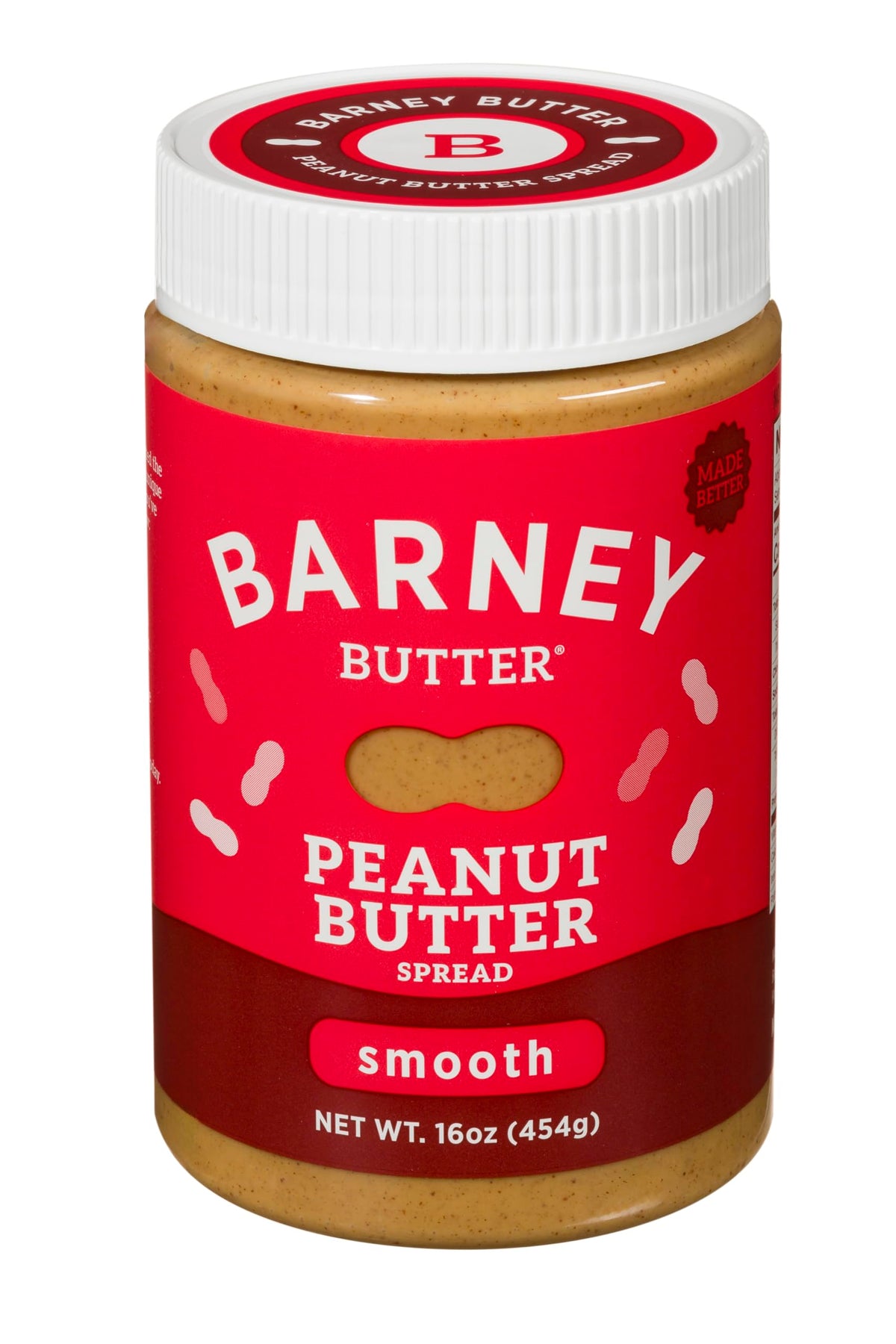 Barney Butter Smooth Peanut Butter jar front: creamy texture for easy spreading.