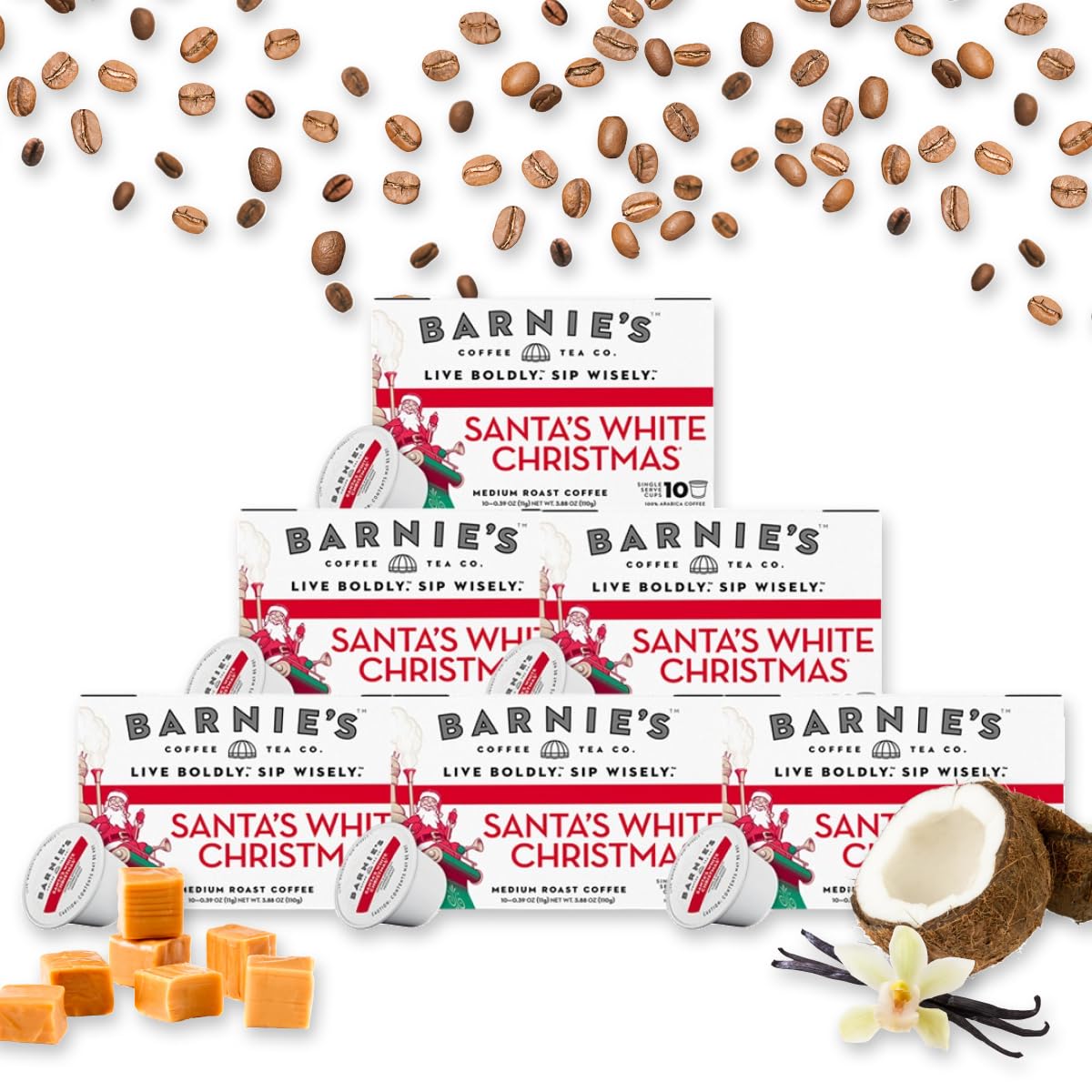 Barnie's Santa's White Christmas cup with coconut and caramel aroma for a cozy morning