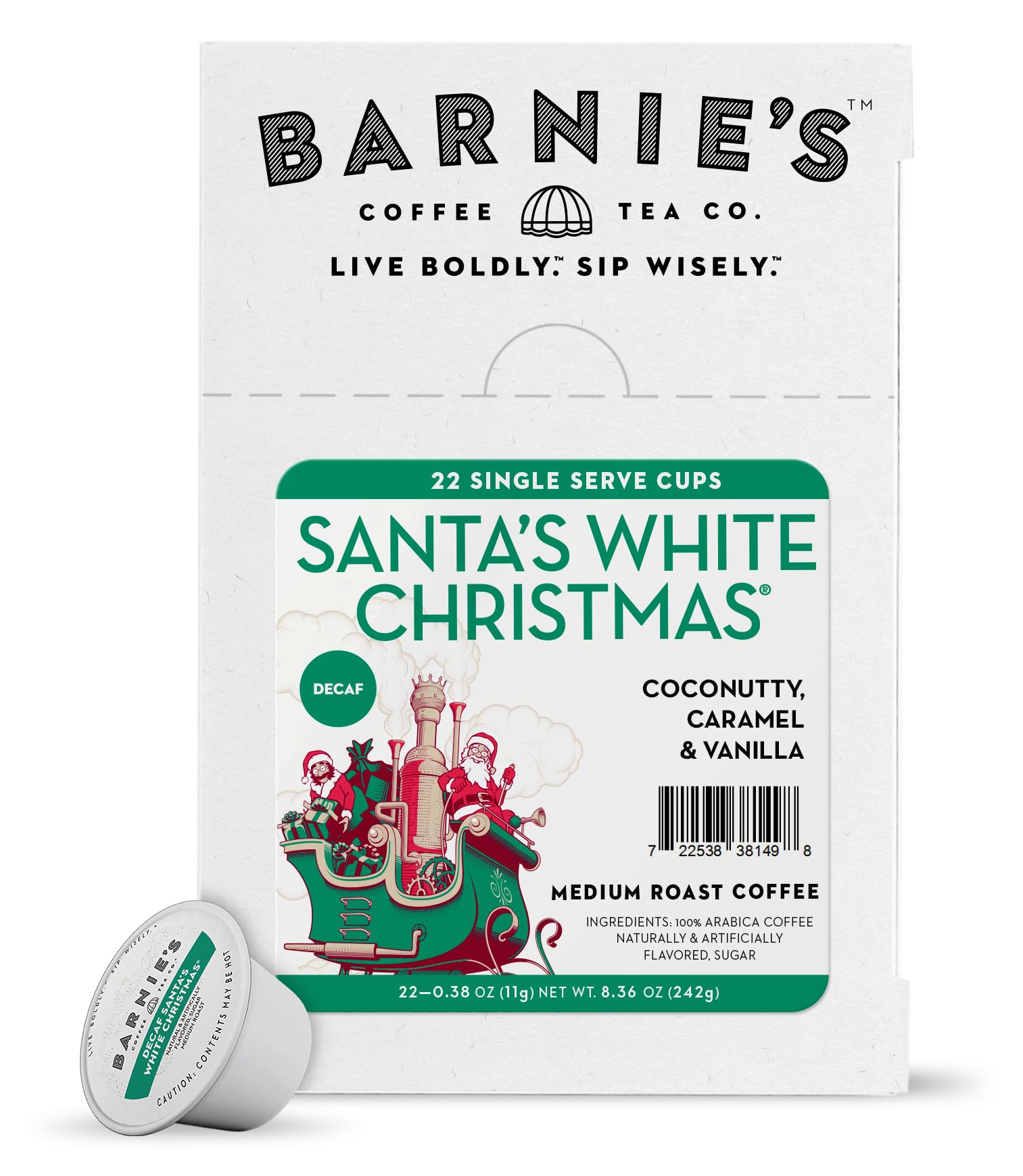 Barnie’s CoffeeKitchen decaf Santa's White Christmas K-Cup in festive packaging for Keurig brewing.