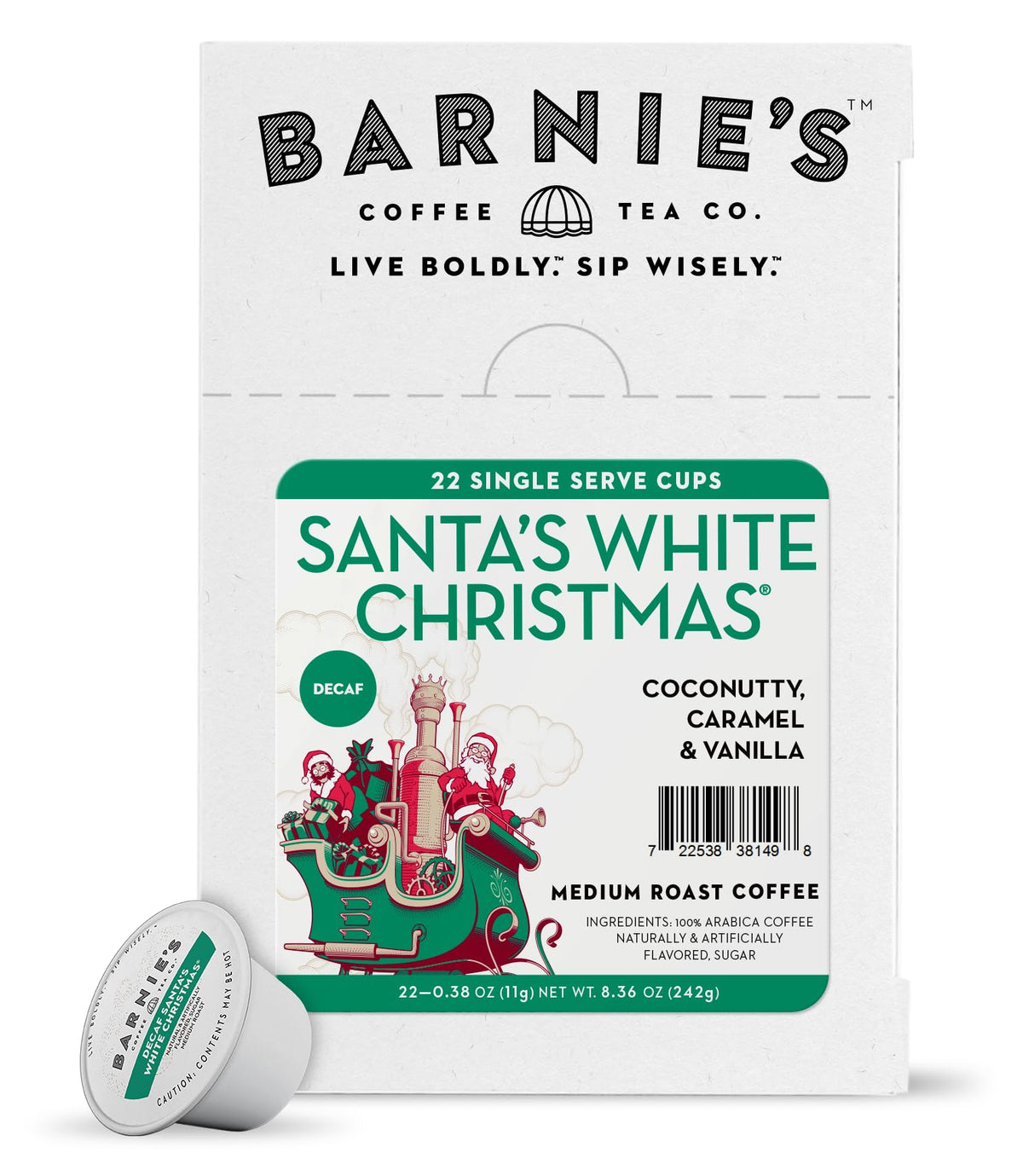 Barnie’s CoffeeKitchen decaf Santa's White Christmas K-Cup in festive packaging for Keurig brewing.