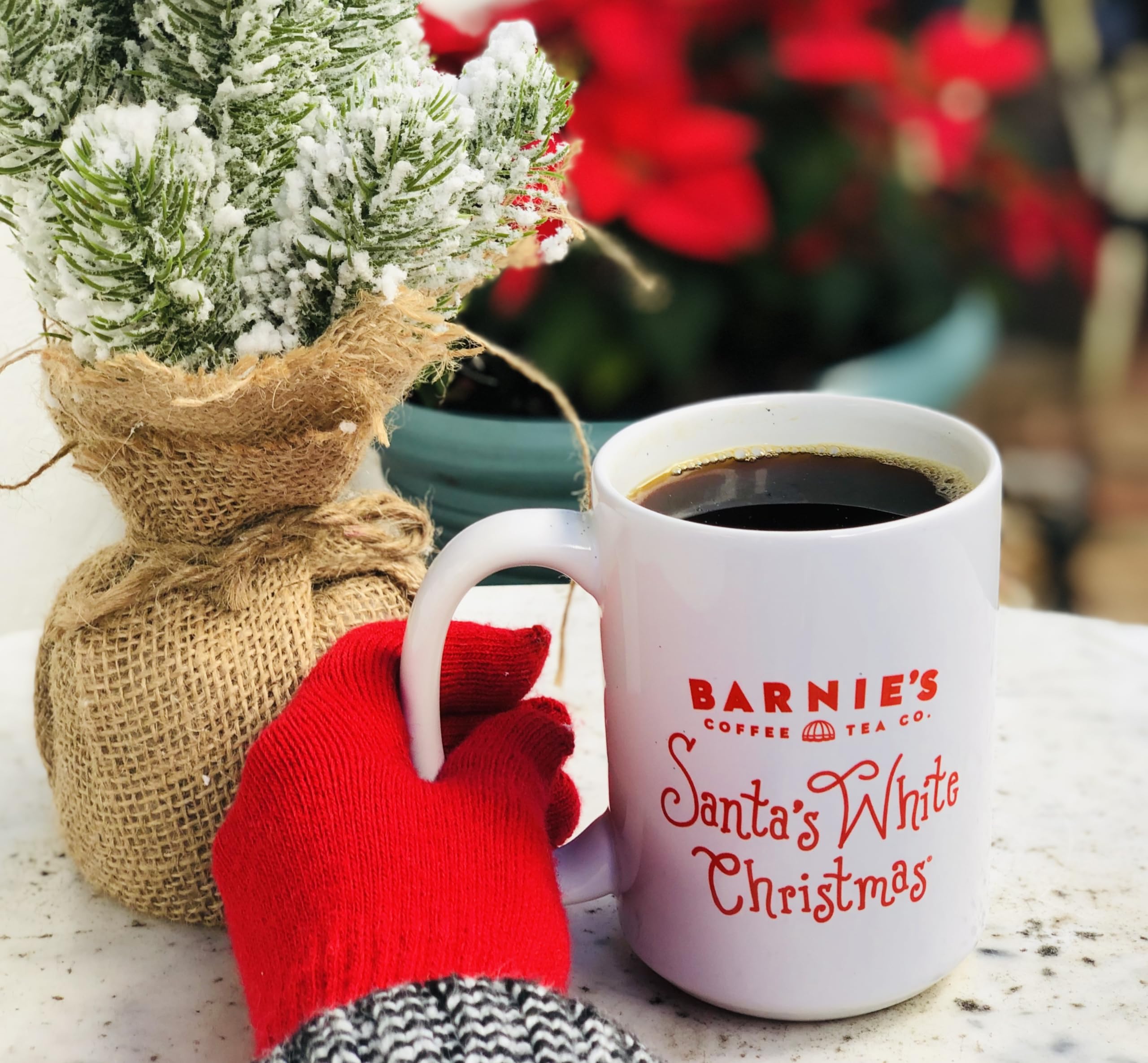 Barnie's coffee bag of Santa's White Christmas with Arabica quality note.