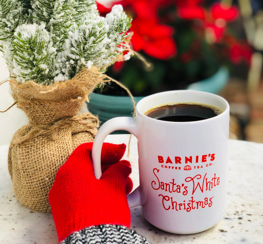 Barnie's coffee bag of Santa's White Christmas with Arabica quality note.