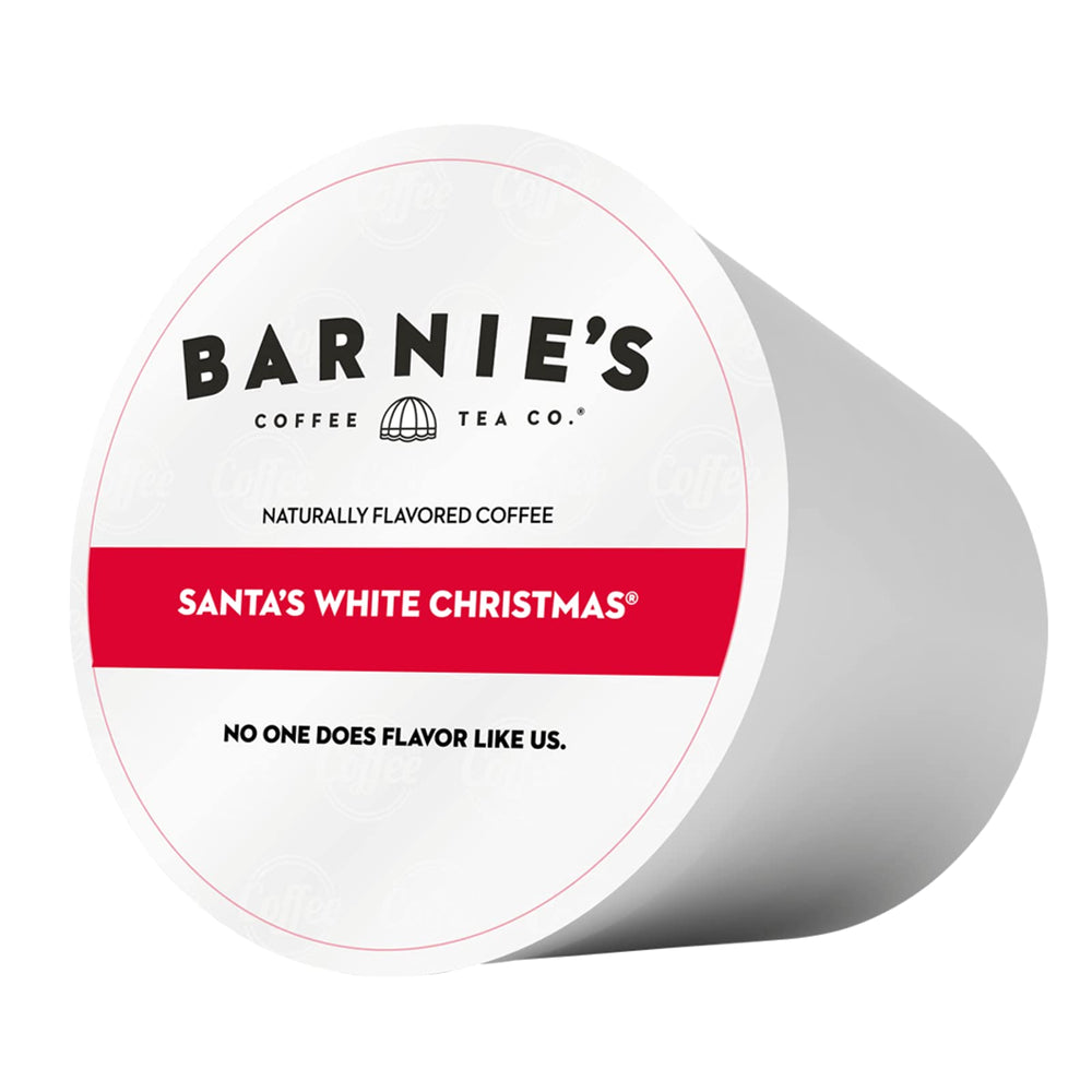 Barnie's Santa's White Christmas coffee pods ready for Keurig brewing