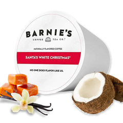 Barnie's Santa's White Christmas K-Cups packshot for Keurig brewers, ideal for holiday mornings.