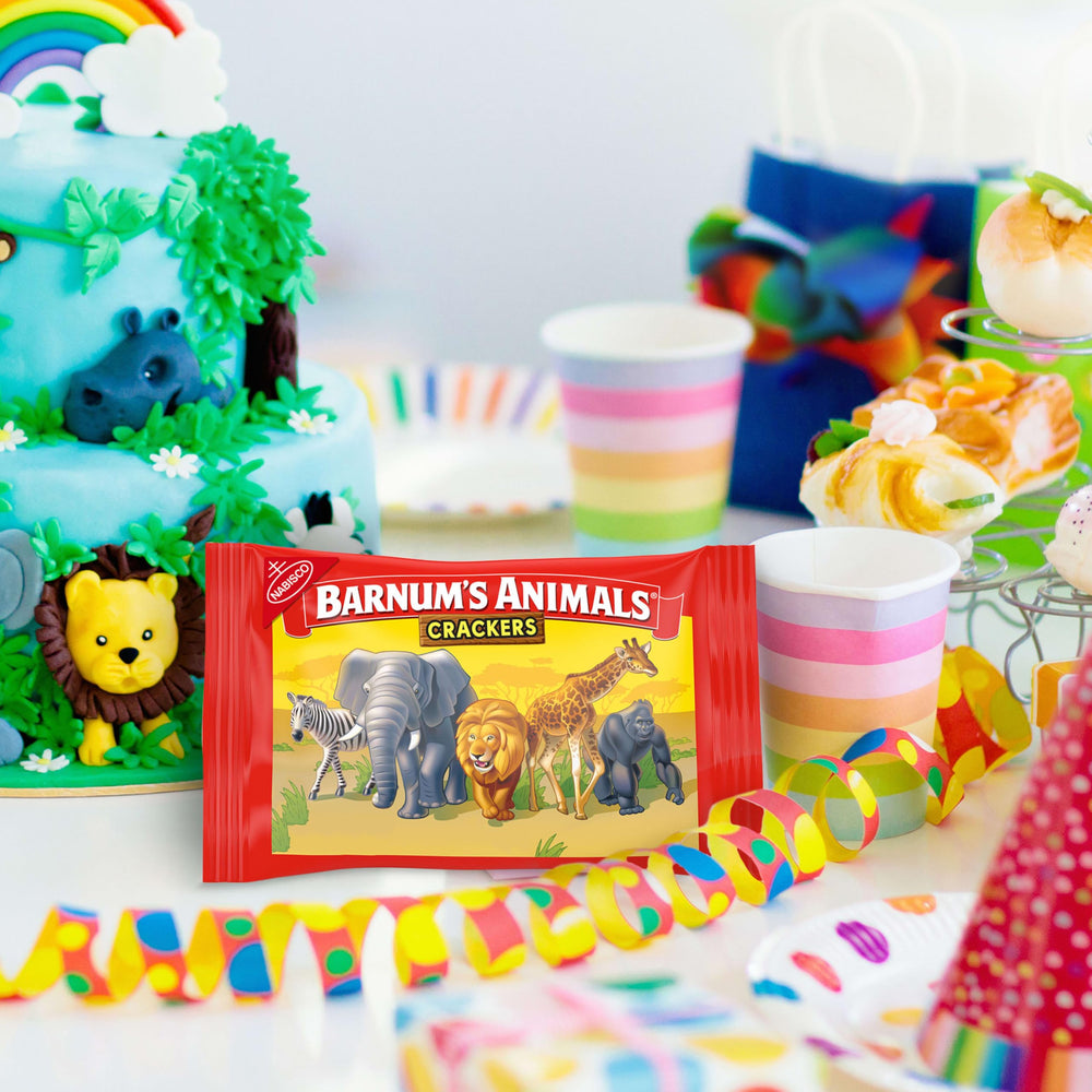 Barnum's Original Animal Crackers party favors with circus-themed shapes.
