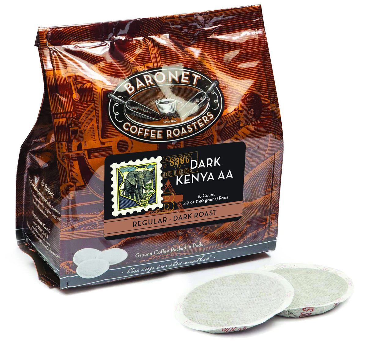 Baronet Coffee Dark Kenya AA-54 pods ready for Senseo, delivering aromatic, convenient home coffee