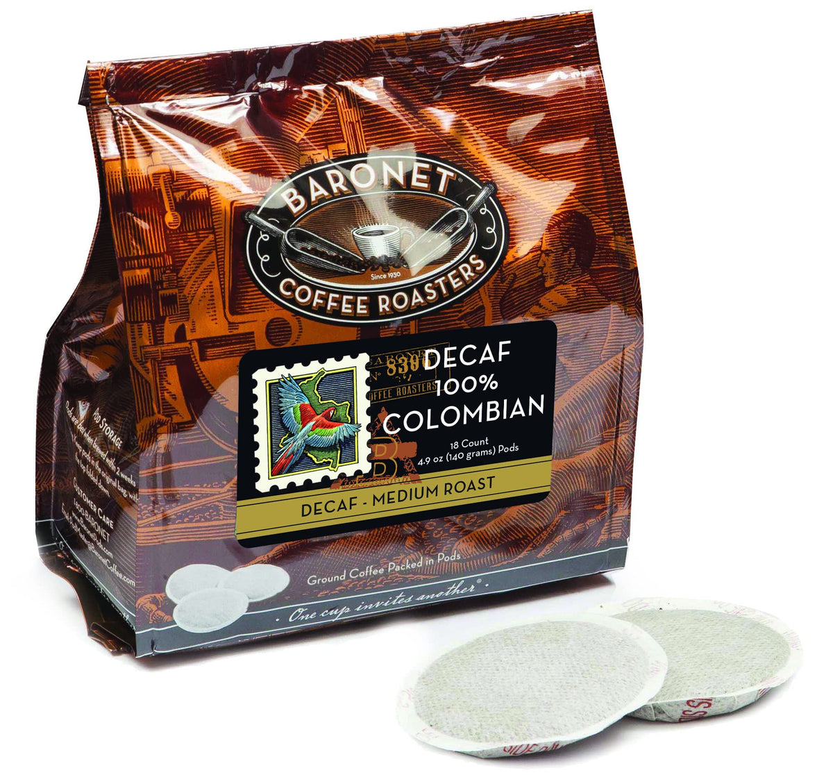 Baronet Coffee Decaf Colombian outer box preserving freshness for quick mornings.