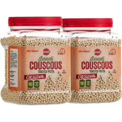 Baron's Original Israeli couscous toasted pasta in a bowl; chewy texture for salads.