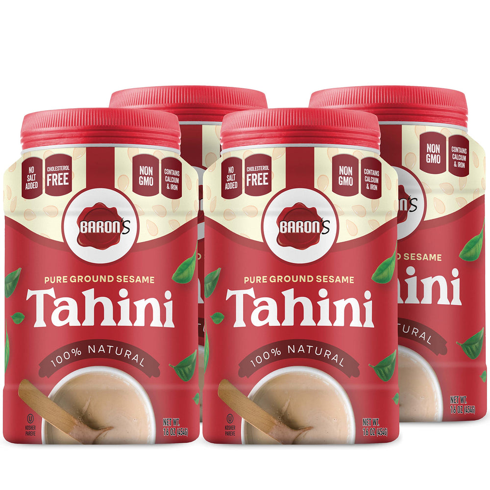 Baron's Tahini jar pouring, showcasing smooth consistency for easy blending.
